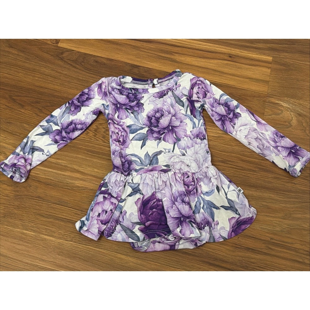 Bums & Roses Baby Girls 6-12 Months Purple Flower Twirly Bodysuit Dress VGC Bamb
